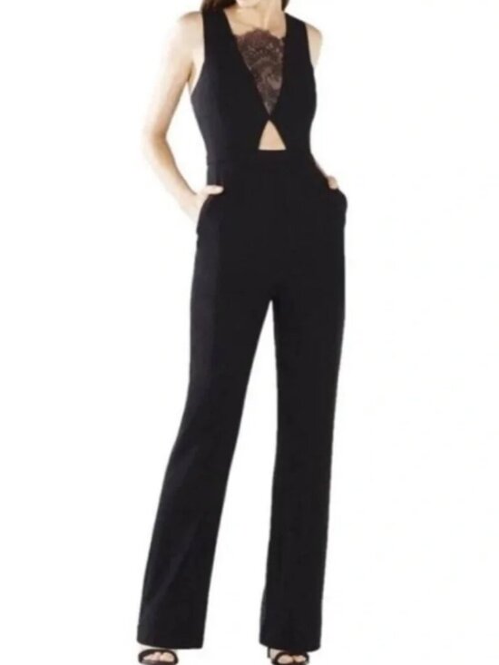BCBGMaxAzria Pants - BCBG Max Azria Josef Lace Cut Out Wide Leg Jumpsuit - Black and Nude